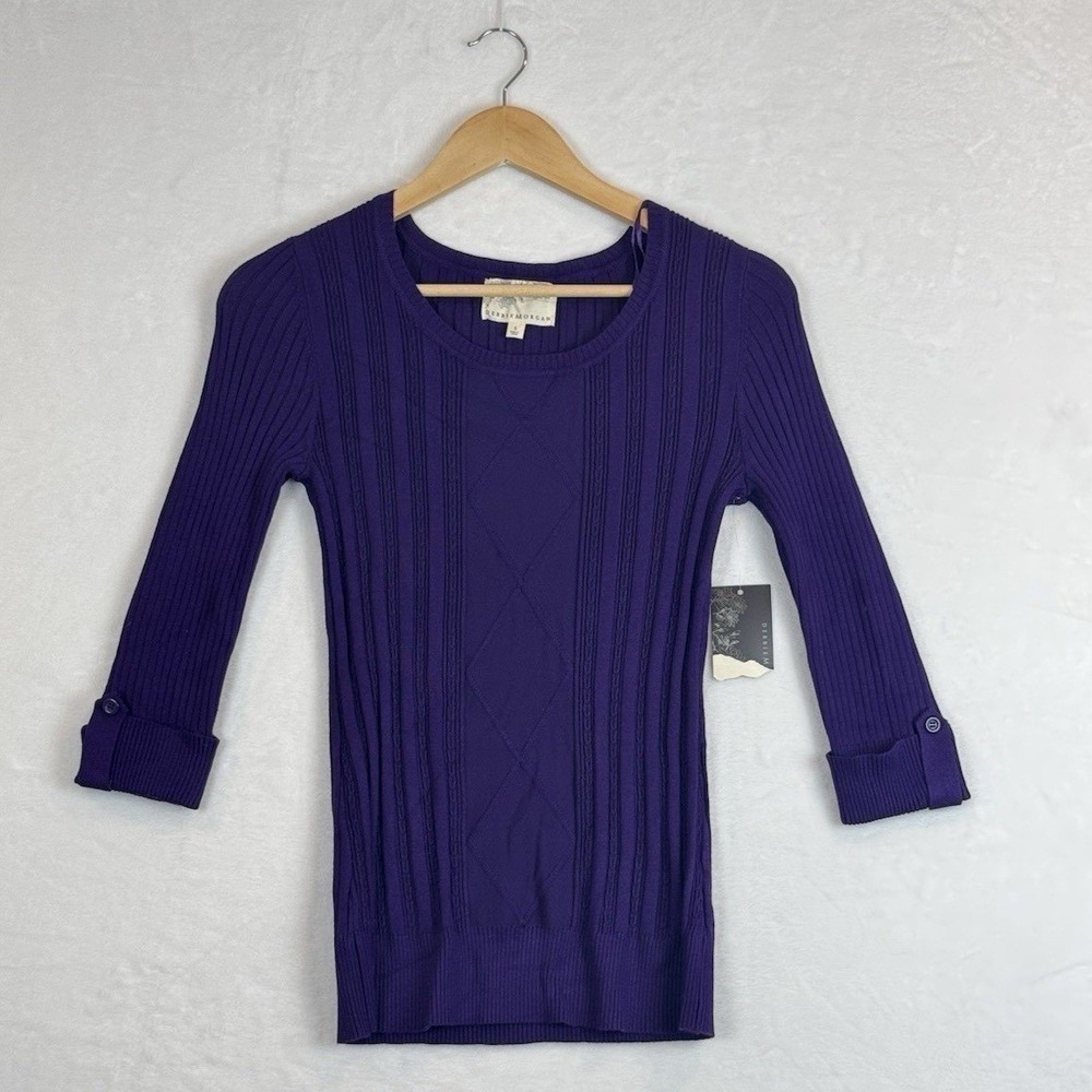 Debbie Morgan Purple Ribbed Diamond Knit 3/4 Sleeve Top Small